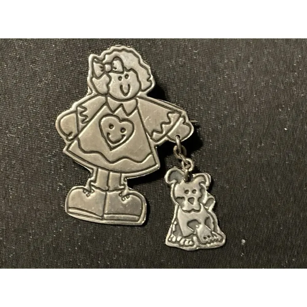 Sterling (Tested) Mexico Girl Brooch Dog On Leash Vintage